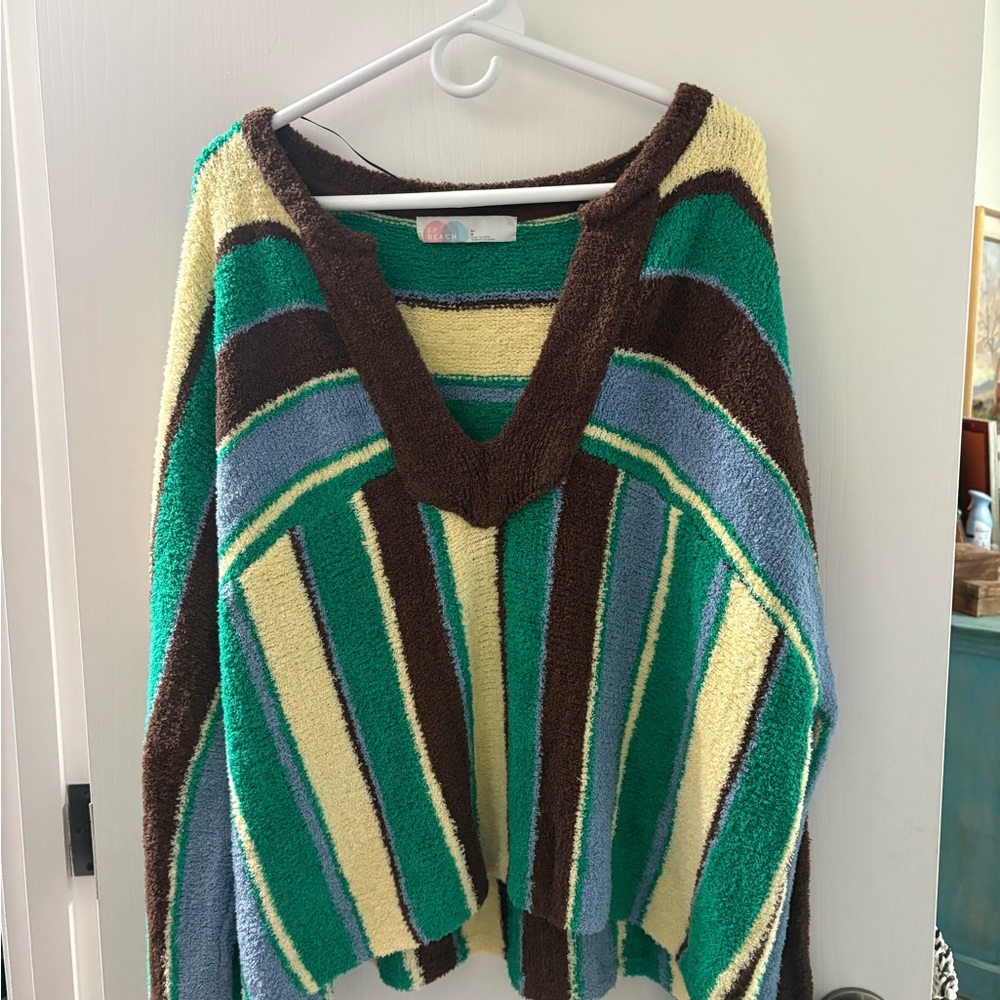 Free People Colorful Striped V-Neck Sweater